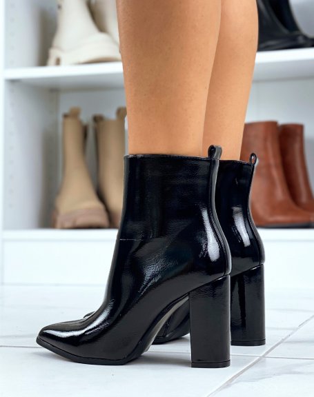 Black patent ankle boots with square heels and pointy toes