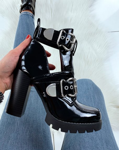 Black patent ankle boots with straps