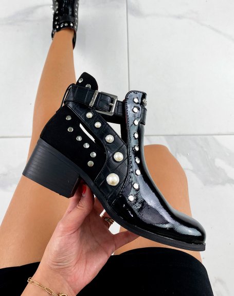 Black patent ankle boots with studded and beaded open straps