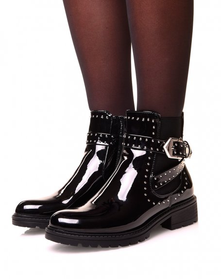 Black patent ankle boots with studded straps