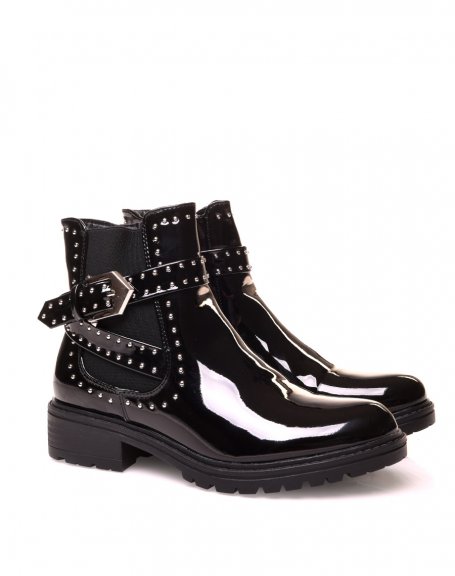Black patent ankle boots with studded straps