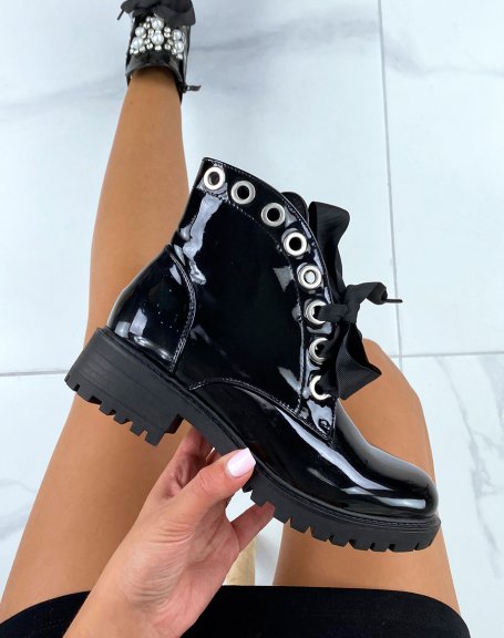 Black patent ankle boots with thick laces and openwork pearls