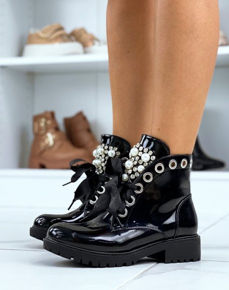 Black patent ankle boots with thick laces and openwork pearls