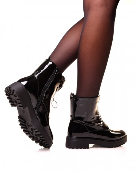 Black patent ankle boots with zip at the front