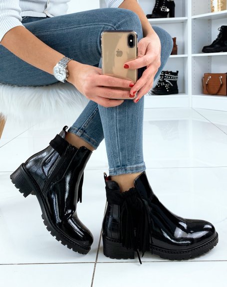 Black patent bi-material chelsea boots with fringe