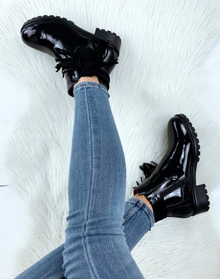 Black patent bi-material chelsea boots with fringe