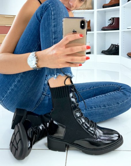 Black patent bi-material high ankle boots
