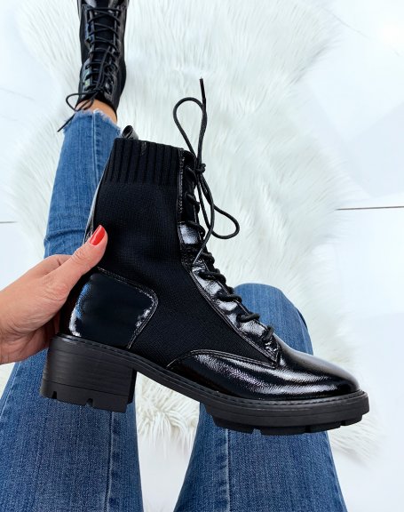 Black patent bi-material high ankle boots