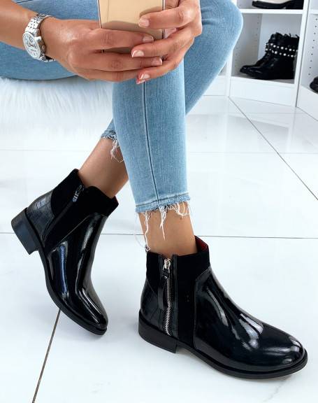 Black patent bi-material low boots with silver closures