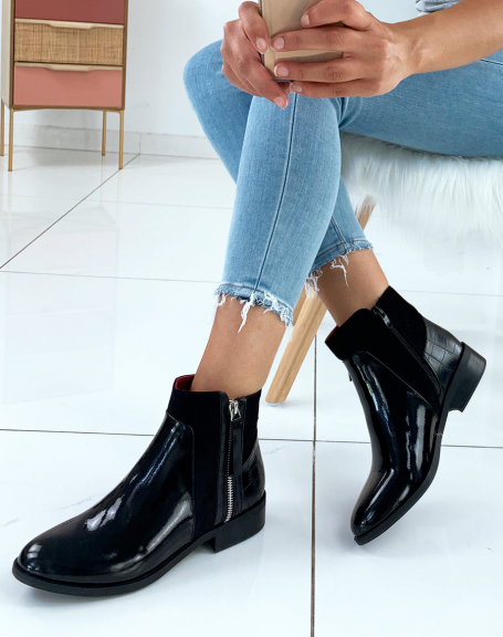 Black patent bi-material low boots with silver closures