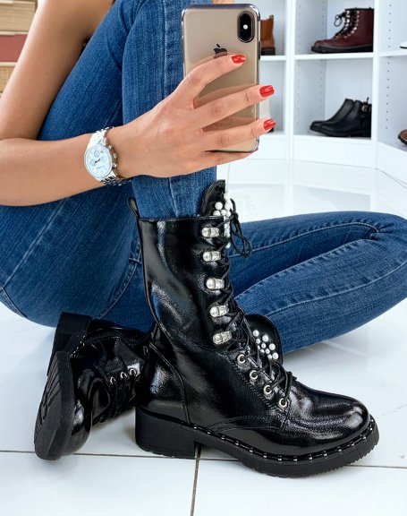 Black patent boots with pearls