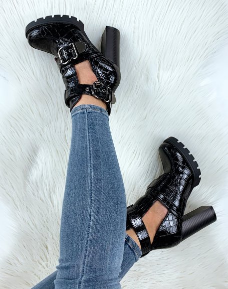 Black patent croc ankle boots with straps
