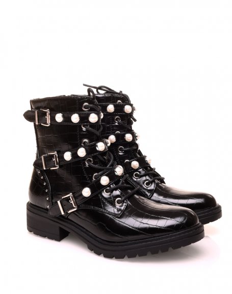 Black patent croc-effect ankle boots with beaded straps
