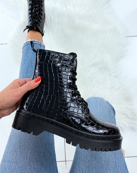 Black patent croc-effect ankle boots with chunky laces