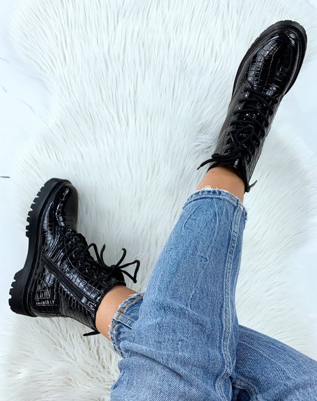 Black patent croc-effect ankle boots with chunky laces