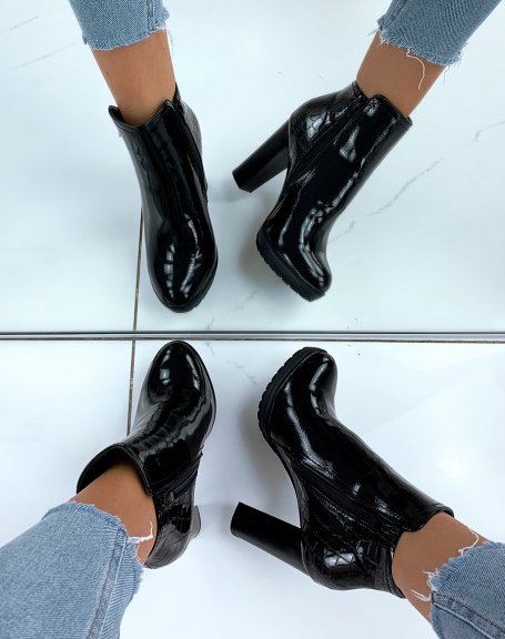 Black patent croc-effect ankle boots with heel