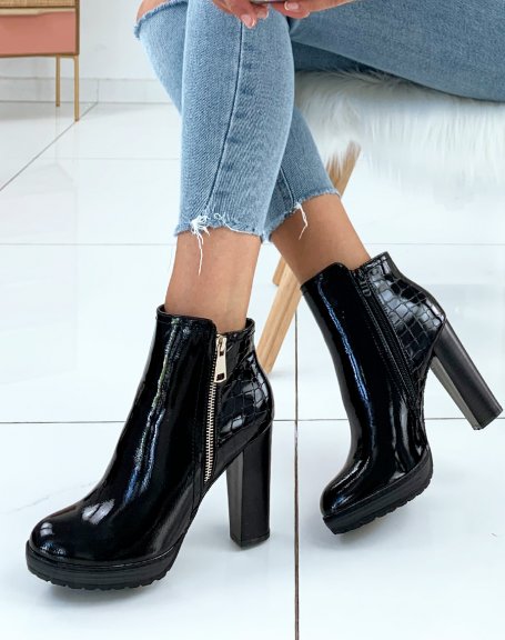 Black patent croc-effect ankle boots with heel