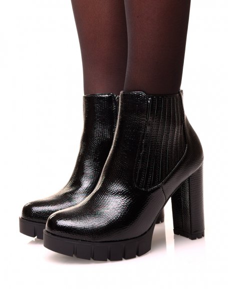Black patent croc-effect ankle boots with heels