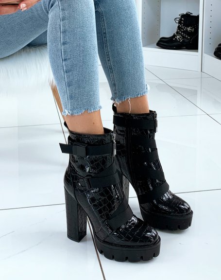 Black patent croc-effect ankle boots with heels and crossed straps
