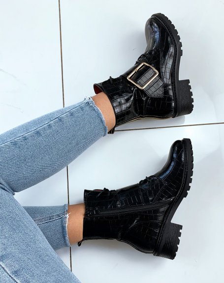 Black patent croc-effect ankle boots with laces and large golden buckles