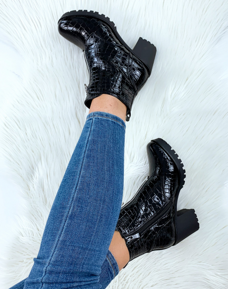 Black patent croc-effect ankle boots with mid-high heel
