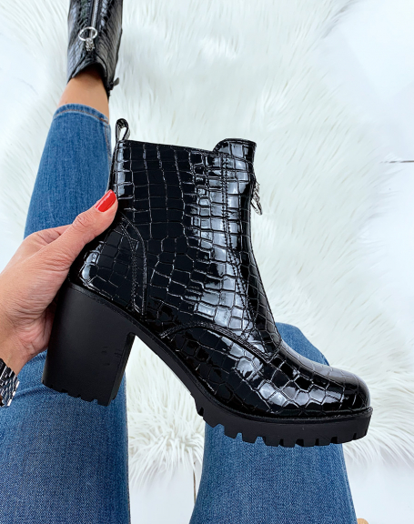 Black patent croc-effect ankle boots with mid-high heel