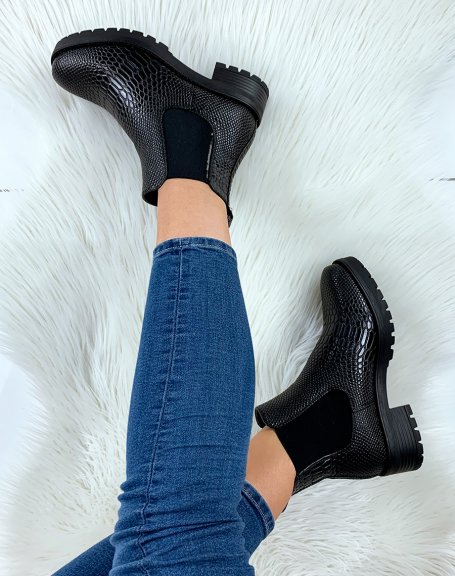 Black patent croc-effect Chelsea boots