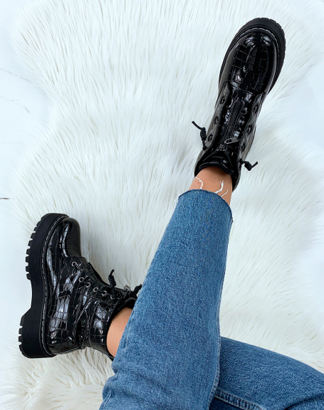 Black patent croc-effect high ankle boots
