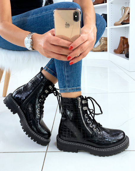 Black patent croc-effect high ankle boots