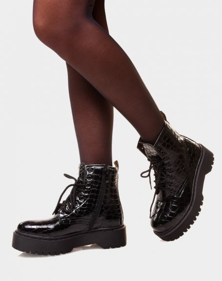 Black patent croc-effect high-top ankle boots with large platform