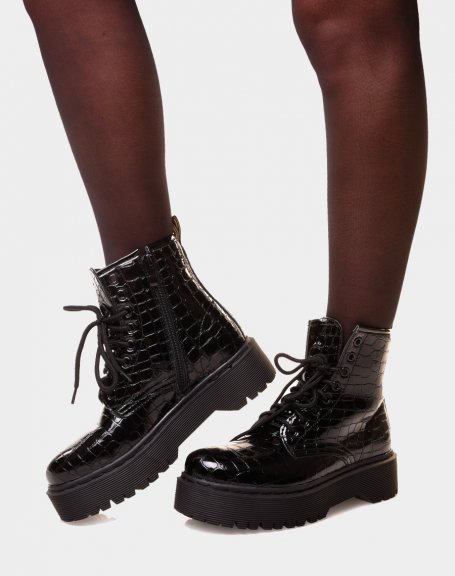 Black patent croc-effect high-top ankle boots with large platform