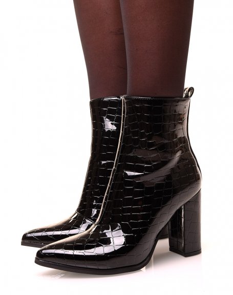 Black patent croc-effect pointed toe ankle boots