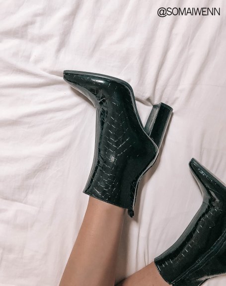 Black patent croc-effect pointed toe ankle boots