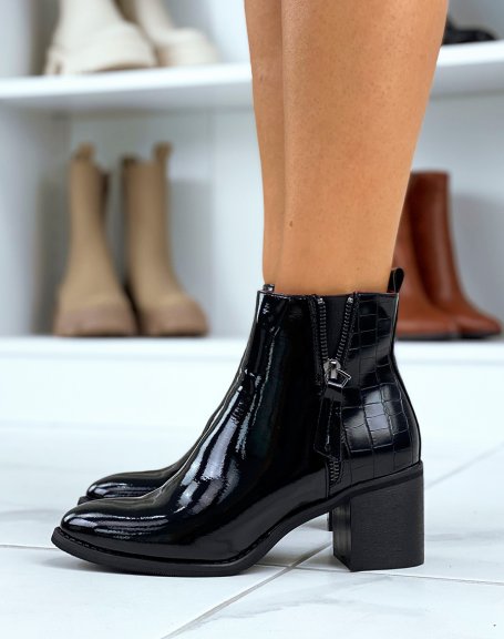 Black patent crocodile ankle boots