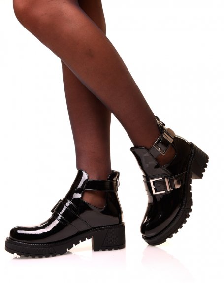 Black patent double strap ankle boots