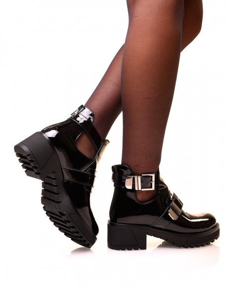 Black patent double strap ankle boots