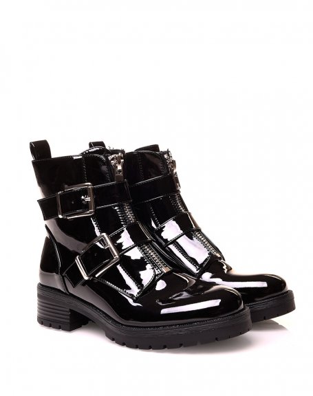 Black patent-effect boots with straps