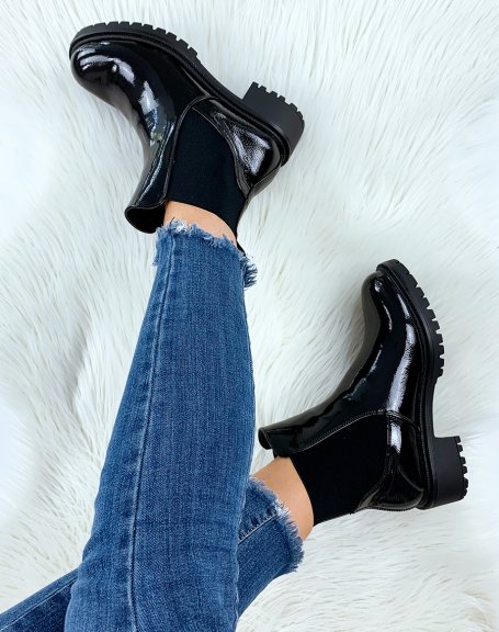 Black patent elastic ankle boots