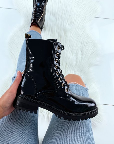 Black patent eyelet ankle boots