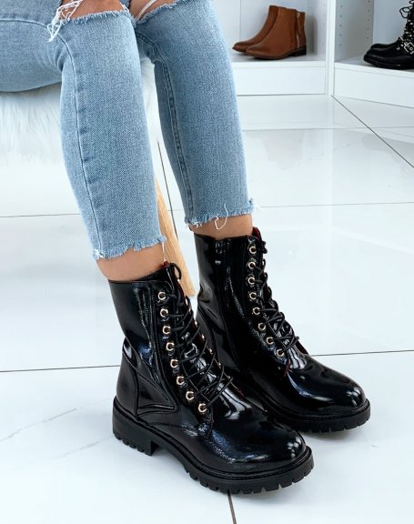 Black patent eyelet ankle boots