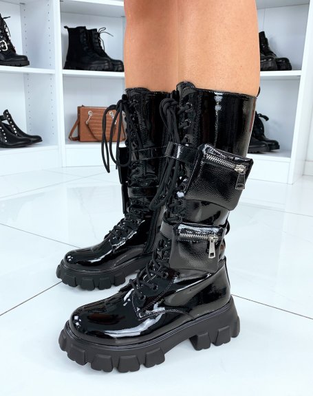 Black patent faux leather lace-up boots with integrated pockets