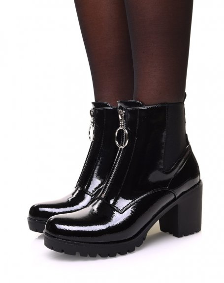 Black patent grained ankle boots with mid high heel