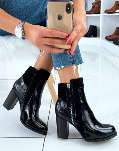 Black patent heeled ankle boots