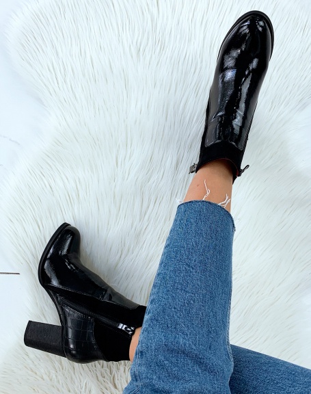 Black patent heeled ankle boots