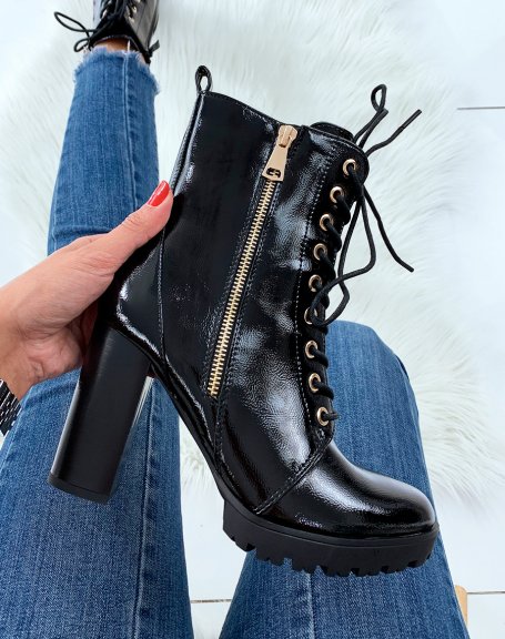 Black patent heeled ankle boots with gold details