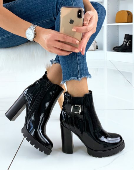 Black patent heeled ankle boots with strap