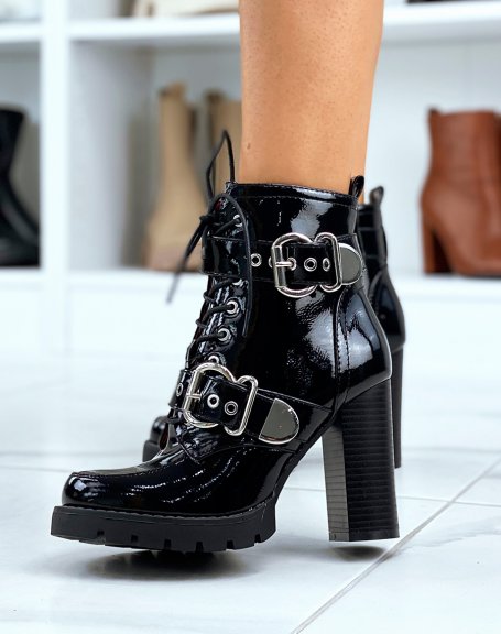 Black patent heeled ankle boots with straps