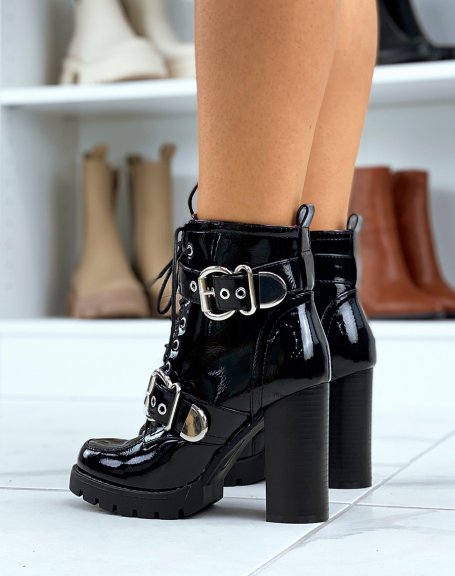 Black patent heeled ankle boots with straps