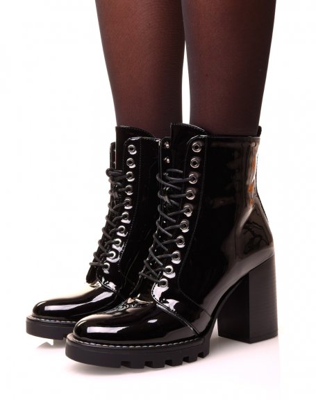 Black patent heeled lace-up ankle boots