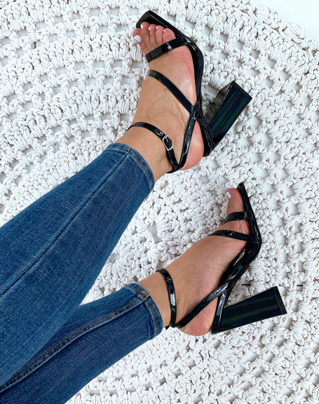 Black patent heeled sandals with multiple straps